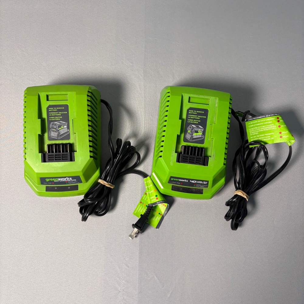 Lot of 2 Greenworks 40V Lithium-Ion Battery Chargers Model 29482 Green Black